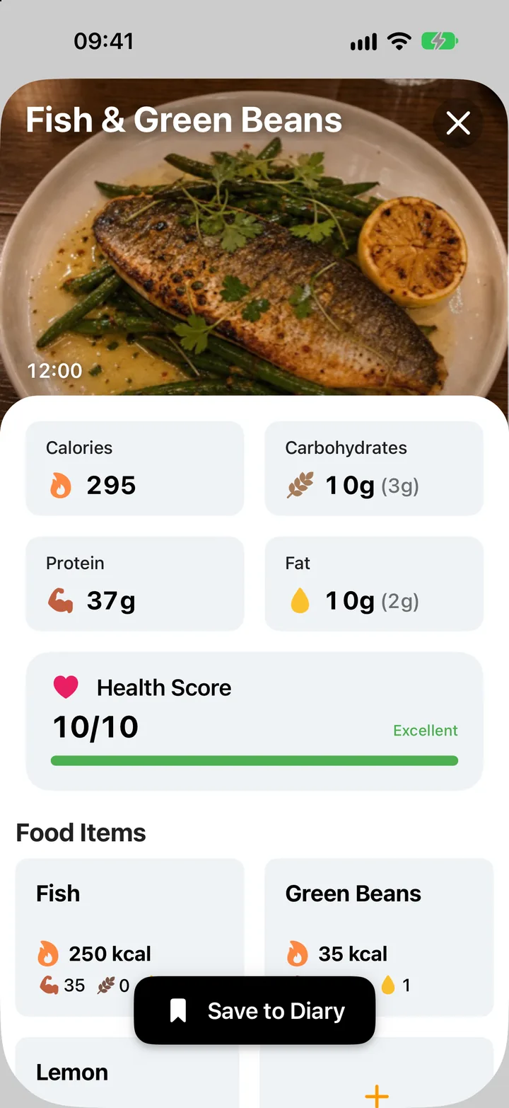 ClemCam analysis of fish with green beans: 295 calories, 37 g protein